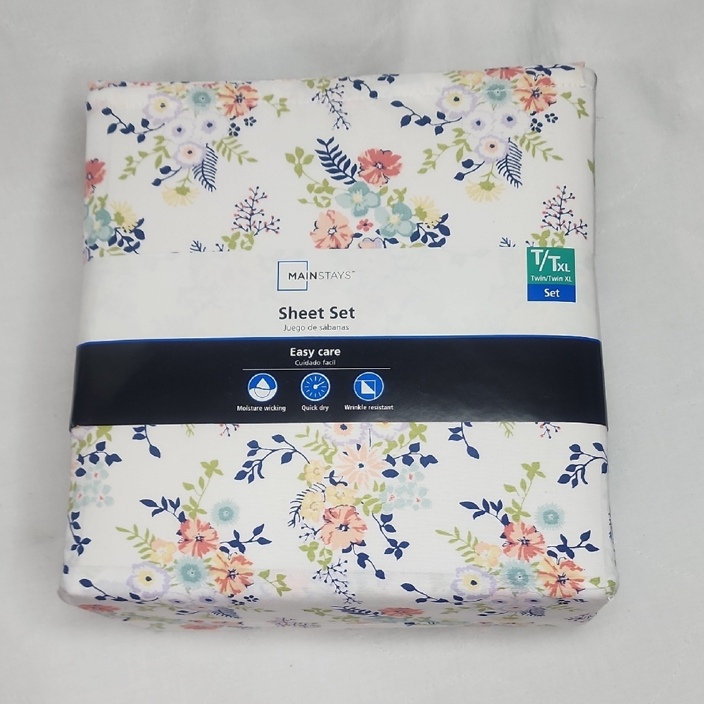 Mainstays Floral 300 Thread Count Sheet Set - White, Blue, and Pink T/Txl